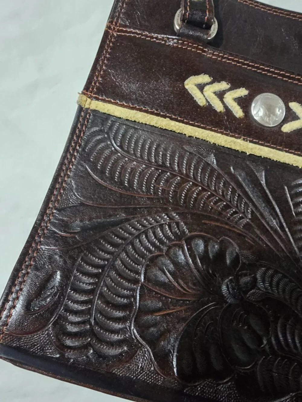 American West Brown Tooled Leather Shoulder Bag Vintage Buffalo Nickel Accent